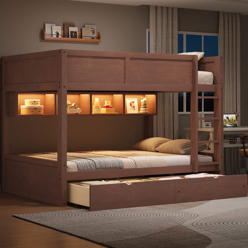 Wooden Full XL Over Full XL Bunk Bed with Storage Cabinets Built-in LED Lighting and 2 Pull-out Storage Drawers - Brown - Full