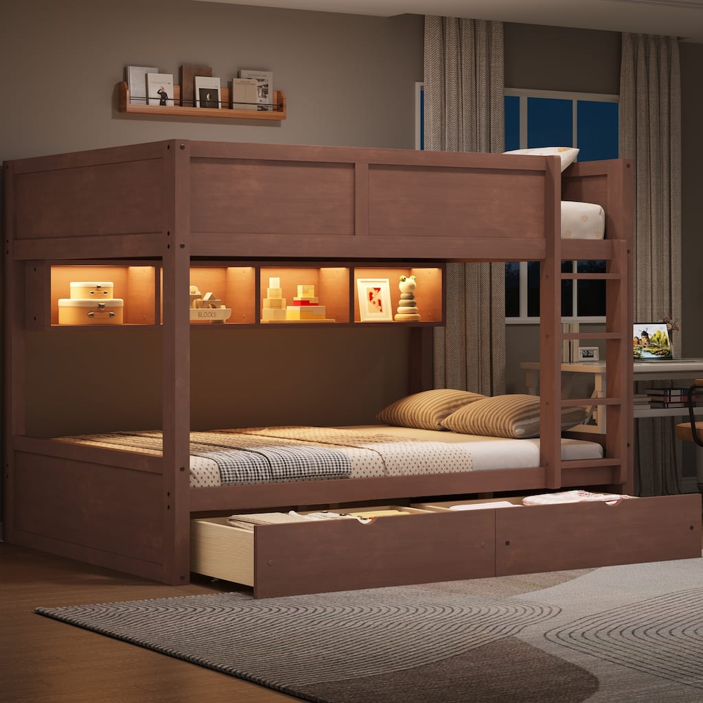 Wooden Full XL Over Full XL Bunk Bed with Storage Cabinets Built-in LED Lighting and 2 Pull-out Storage Drawers