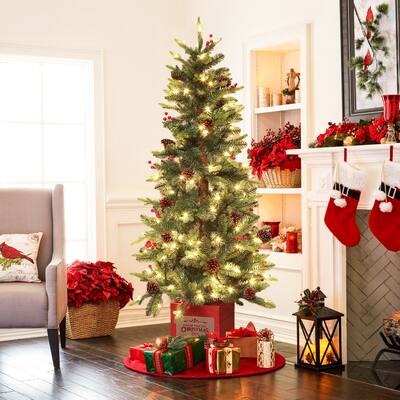 Artificial 5ft Christmas Tree in Red Wood Base with Pre-Lit LED with Pine Cones and Berry Decorations