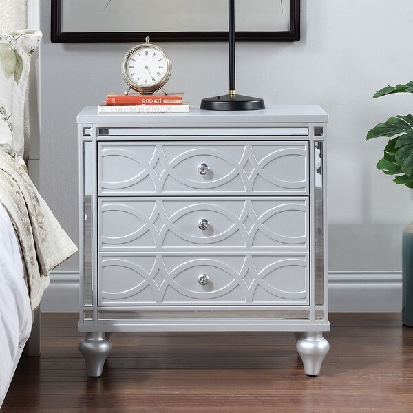 Silver Bedside Table with Mirror Accents 2 Drawers Hidden Storage Crystal Pull Handle