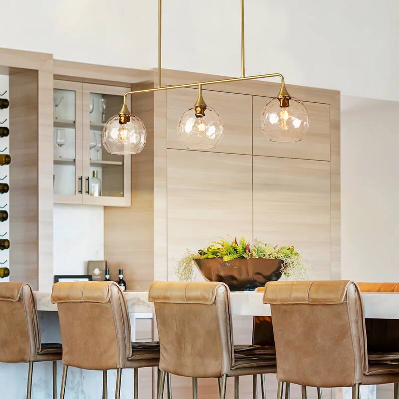 3-Light Modern Black/Brushed Gold Linear Chandelier for Kitchen Island with Clear Textured Glass Globe Shades