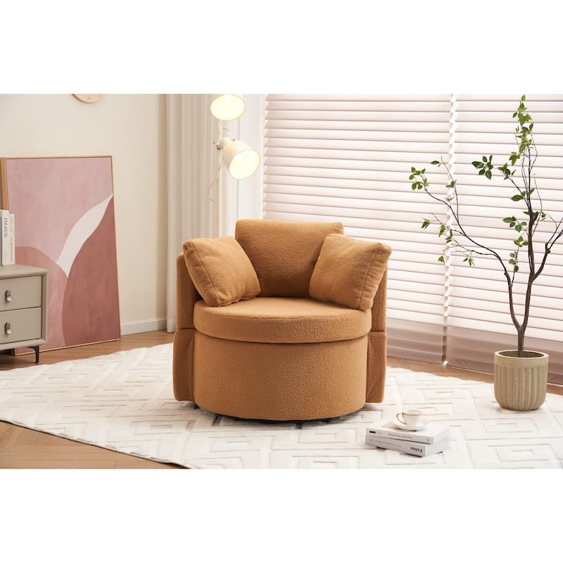 Swivel and Storage Chair, Teddy Fabric Barrel Chair with Pillows