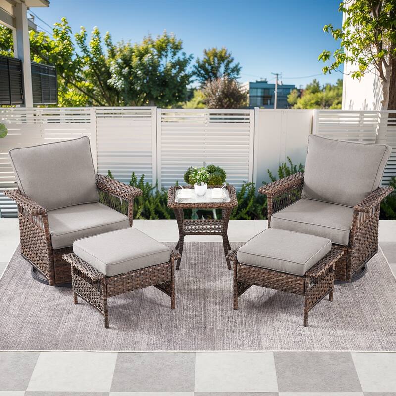 Pocassy Outdoor Swivel Chairs with Sofa Chair Ottoman and Table Set - Brown Wicker Gray Cushion - 5-Piece Swivel Chair Ottoman with Side Table