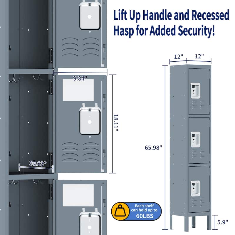 66"H Metal Lockers for Employees with 3 Door Storage Locker for Employees Gym School Home Office Garag