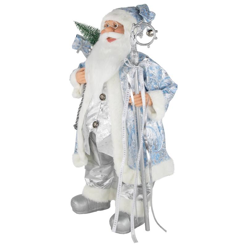 24" Blue Silver Ice Palace Santa Claus with Staff Bag Christmas Figure