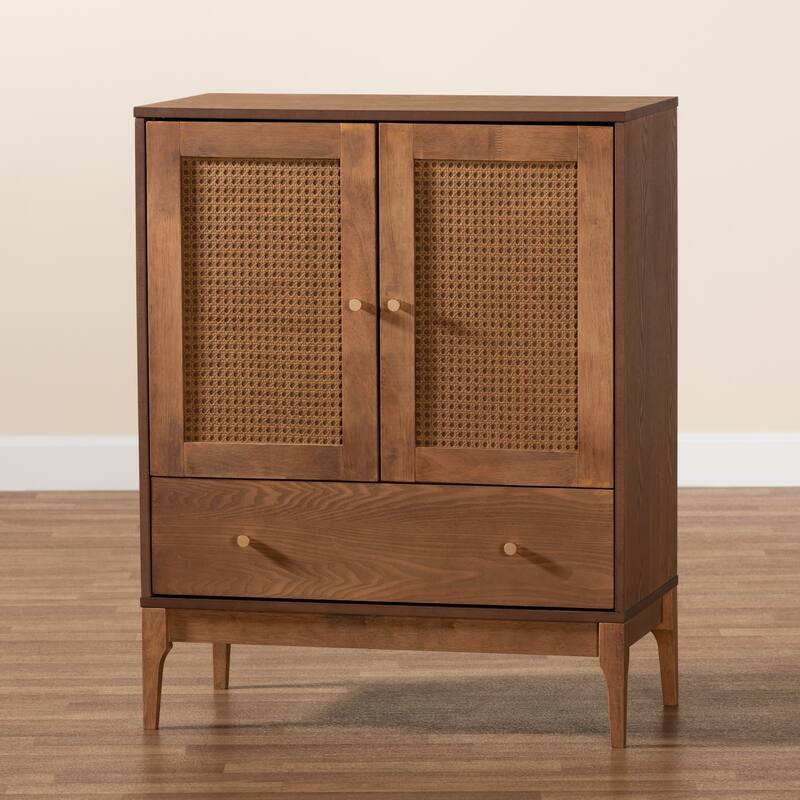 Ramiel Mid-Century Modern Ash Walnut Finished Wood and Rattan 1-Drawer Sideboard