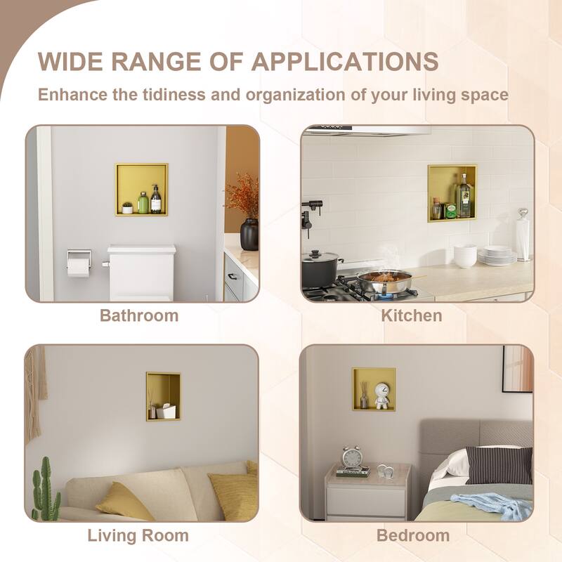 Lordear Brushed Stainless Steel 12'' x 12''Single Shelf Bath Shower Niche Bathroom Storage
