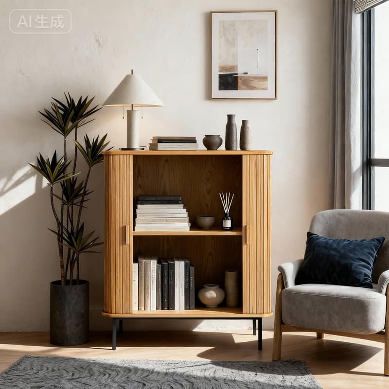 Fluted Wood Storage Cabinet with Tambour Doors - 46"x39"