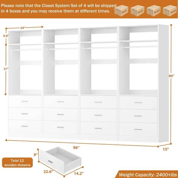 dimension image slide 9 of 10, Kyrvo Freestanding Closet System with 3 Wooden Drawers ＆ Hanging Rod ＆ Storage Shelf, Modular Walk-in Closet Organizer Wardrobe