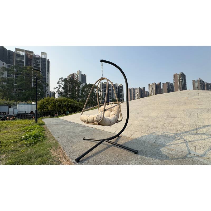 Swing Egg Chair with Stand and Cup Holder, Basket Hanging Chair with Cushion & Pillow Patio Wicker Hanging Chair