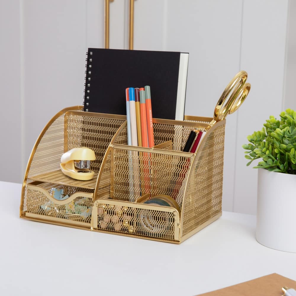 Martha Stewart Premium Mesh Metal Desktop Storage Organizer With Drawer