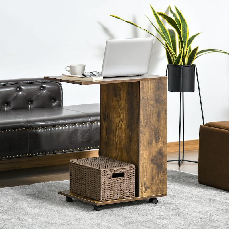 HOMCOM C-Shaped Sofa Side Table Mobile End Table with Storage and Wheels for Living Room, Bedroom, Office