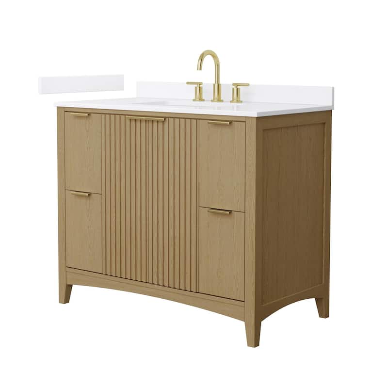 Wyndham Collection WCF9191-42S-QTZ-US3MXX Palmilla 42" Free Standing - Natural Oak / White Quartz Top / Brushed Gold