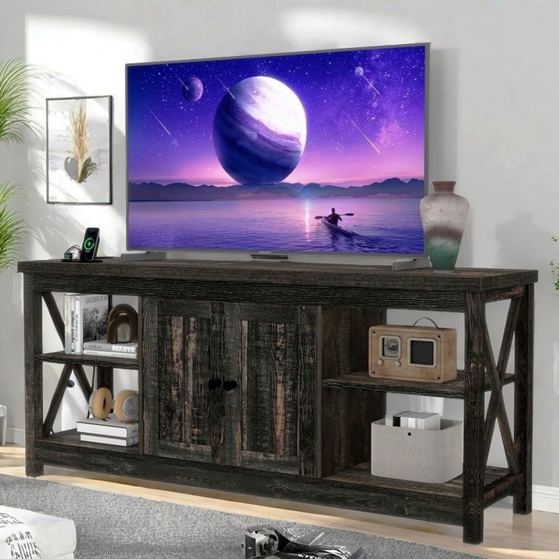 65-inch Rustic Oak TV Stand with Power Outlets, Farmhouse Entertainment Center with Storage Cabinet