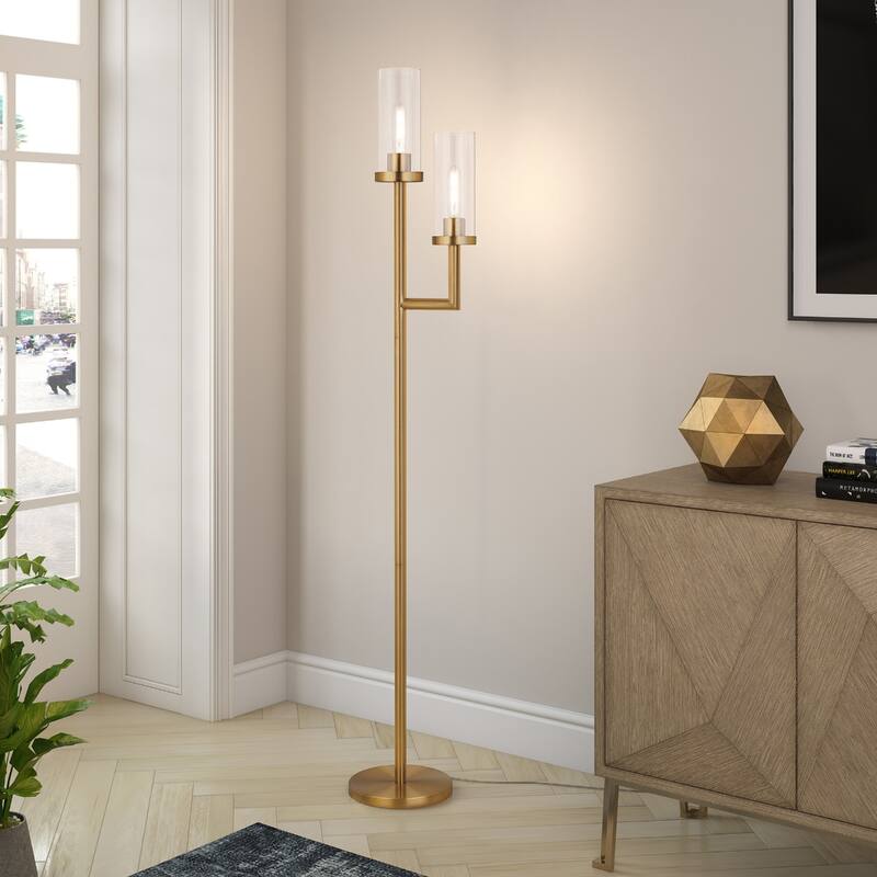 69" Tall Torchiere Floor Lamp with Clear Glass Drum Shades and 2-Light Metal Stand 8 Feet Cord - 69"H x 11"W x 11"D