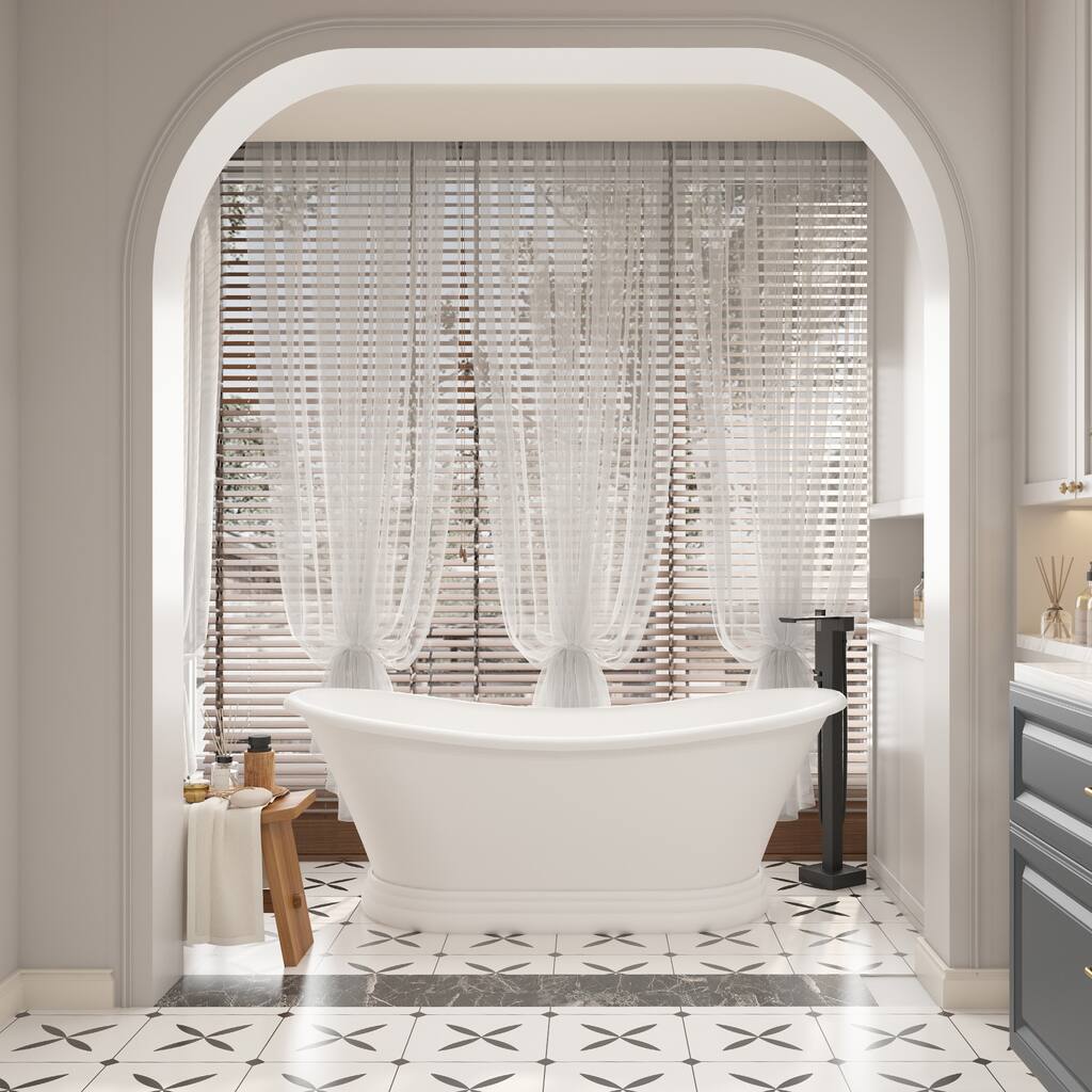 CASAINC 67 Inch Soaking Bathtub Solid Surface Stone Bathtub with Center Drain in Matte White - 67 Inch