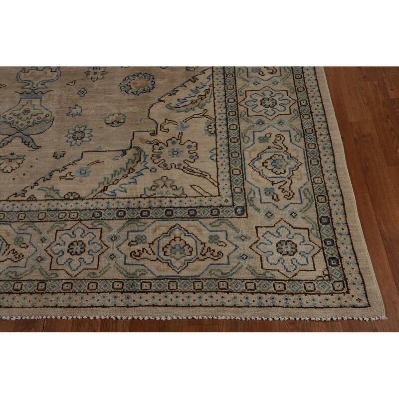 Vegetable Dye Oushak Turkish Rug Handmade Beige Floral Wool Carpet - 7'10"x 9'6"
