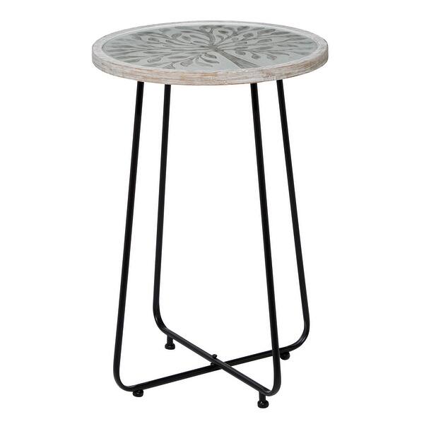 Shop Round Glass Top Wood Accent Table With Tree Inlay And Black Metal Base 18 X 25 5 18 X 18 X 26round Overstock 32066149