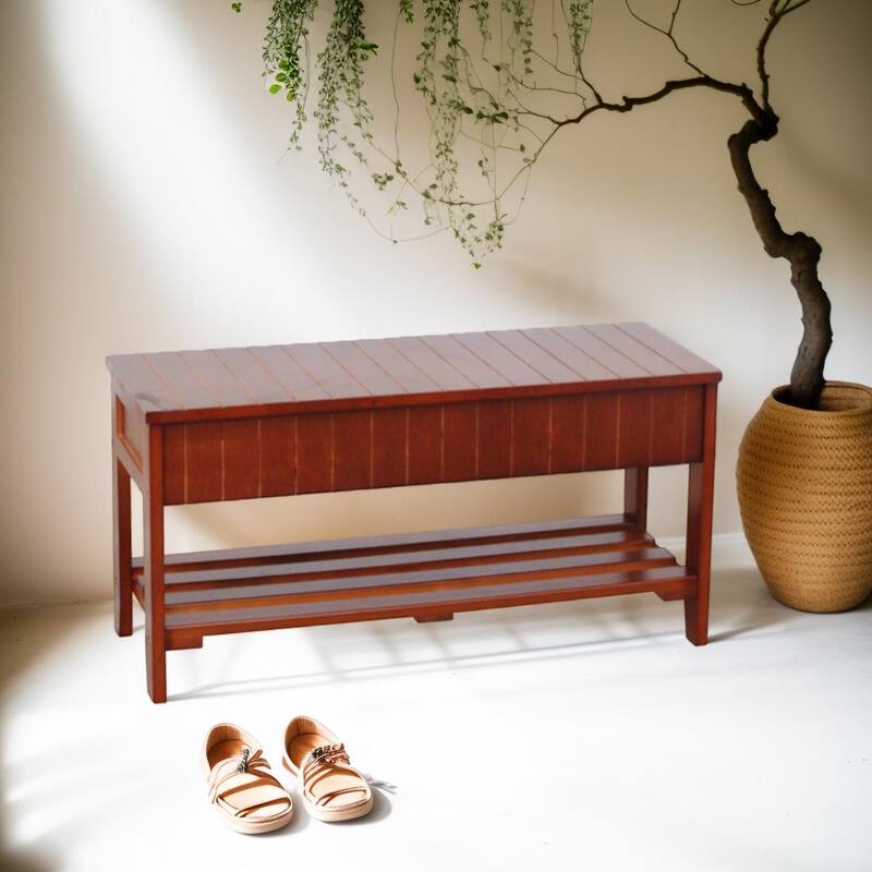Simple Wooden Storage Bench with Flipping Lid, Indoor Bench Shoe Bench with Shelf at Bottom, Decorative Bench for Mudroom
