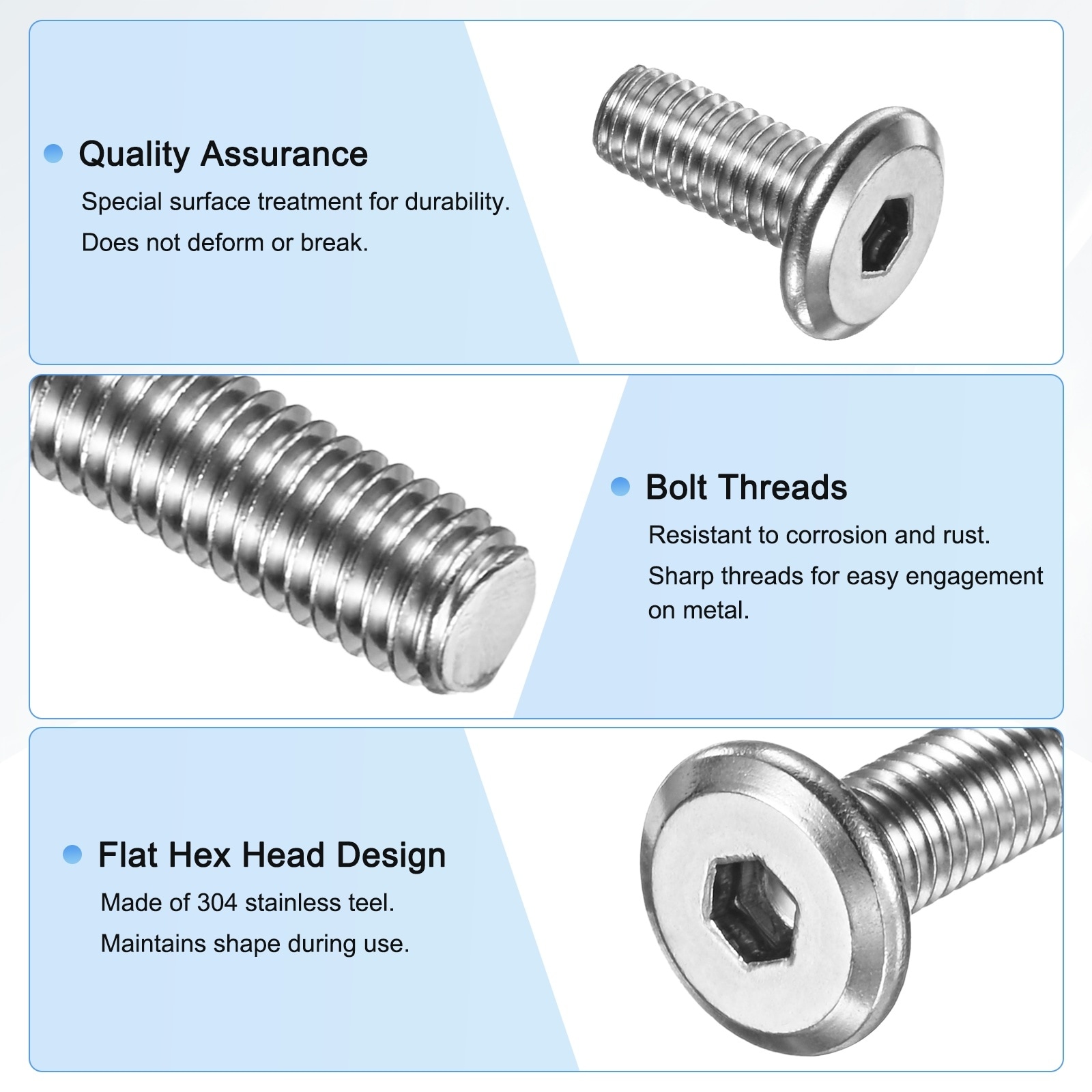 Flat Head Socket Cap Screws 304 Stainless Steel Hex Drive Fastener Kit with Hex Key - Silver