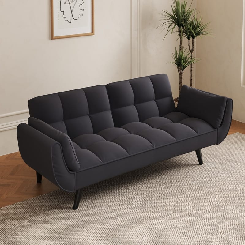 74" Velvet Upholstered Double Sofa Bed, Beige - Black