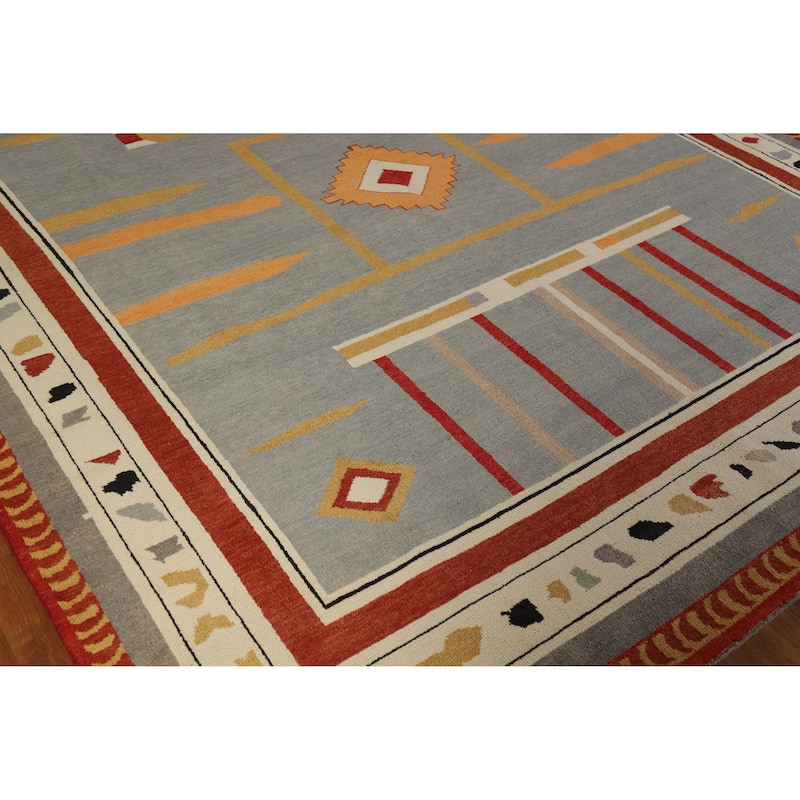 Hand Knotted Oriental 100% Wool Carpet Modern Geometric Greys & Charcoal Gabbeh Area Rug - 9' 11'' X 8' 1''
