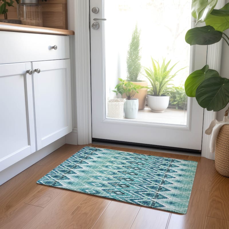 Machine Washable Indoor/ Outdoor Chantille Geometric Boho Rug - Teal - 1'8" x 2'6"