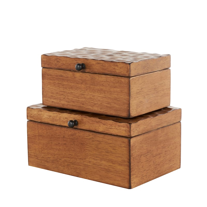 Brown Wood Textured Concave Honeycomb Storage Box with Black Knobs (Set of 2)