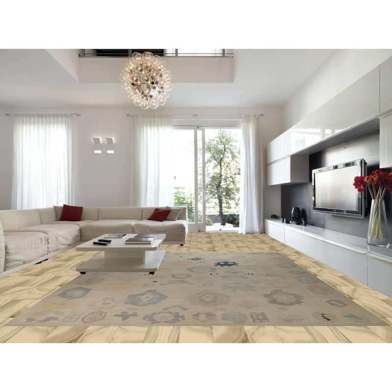 Hand Knotted Oriental 100% Wool Carpet Transitional All-Over Beige & Ivories Oushak Area Rug - 14' 8'' X 11' 10''