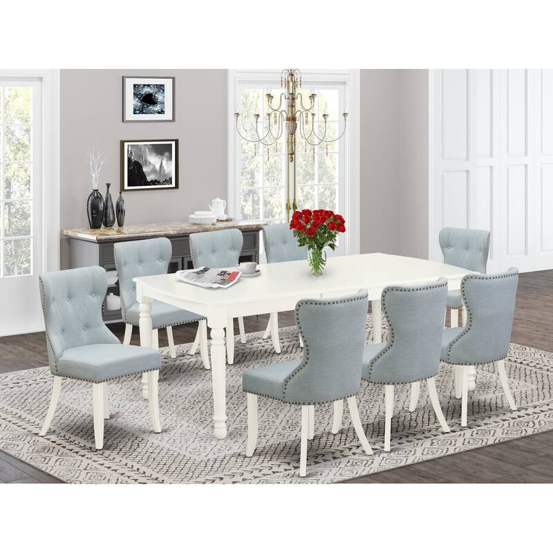 Glam Dining Room Set - 9 Piece Linen Fabric Chairs & Wood Table - Baby Blue & Linen White - 78