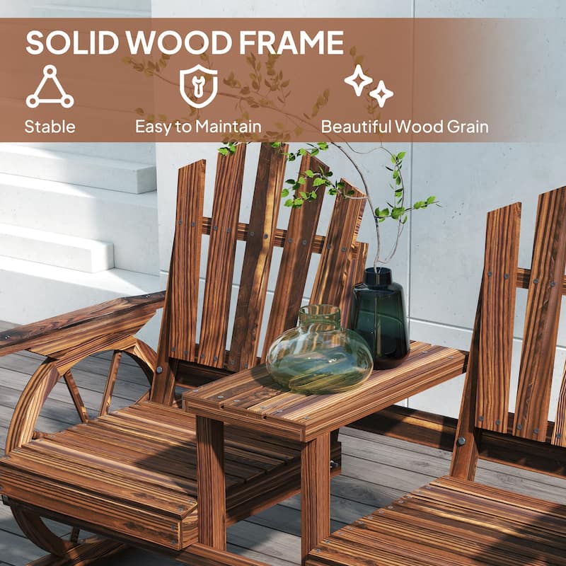 Fir Wood Wagon Wheel Outdoor Garden Bench with Table - 60.6" W x 25.6" D x 40.2" H