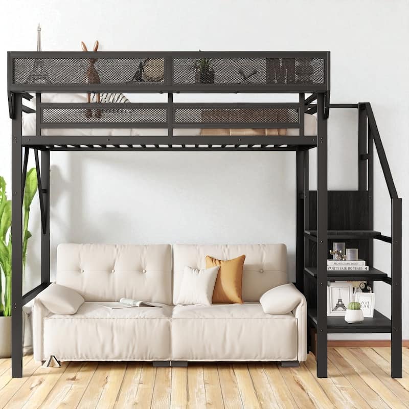 Twin XL Metal Loft Bed with Stairs, Storage Shelves and Wardrobe, High Loft Bed with Under-Bed Space