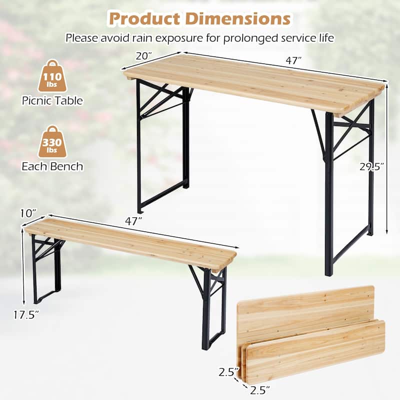 Gymax 3PCS Folding Picnic Table w/ Benches Seats & Metal Frame for