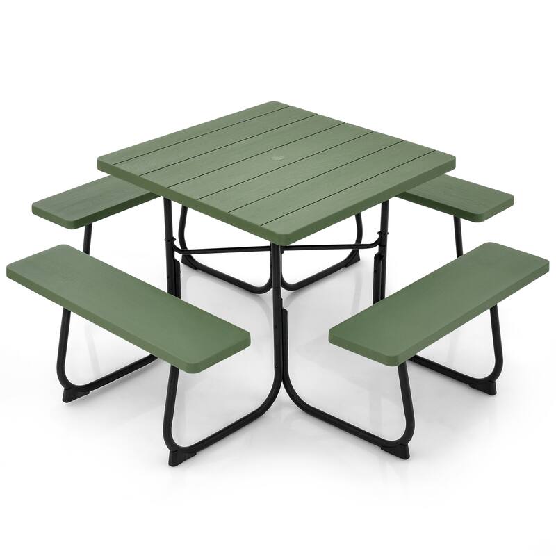 Gymax Outdoor Picnic Table 8-person Square Picnic Table Bench Set w/ 4 - Green