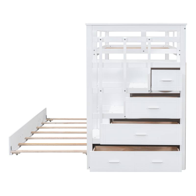 White Twin Over Twin Bunk Bed with Trundle, Staircase and Storage Drawers, Space-Saving Design