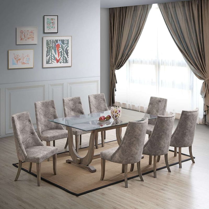 Crystal-Tufted Upholstered Fabric Dining Room Chairs, Set of 2, Gray