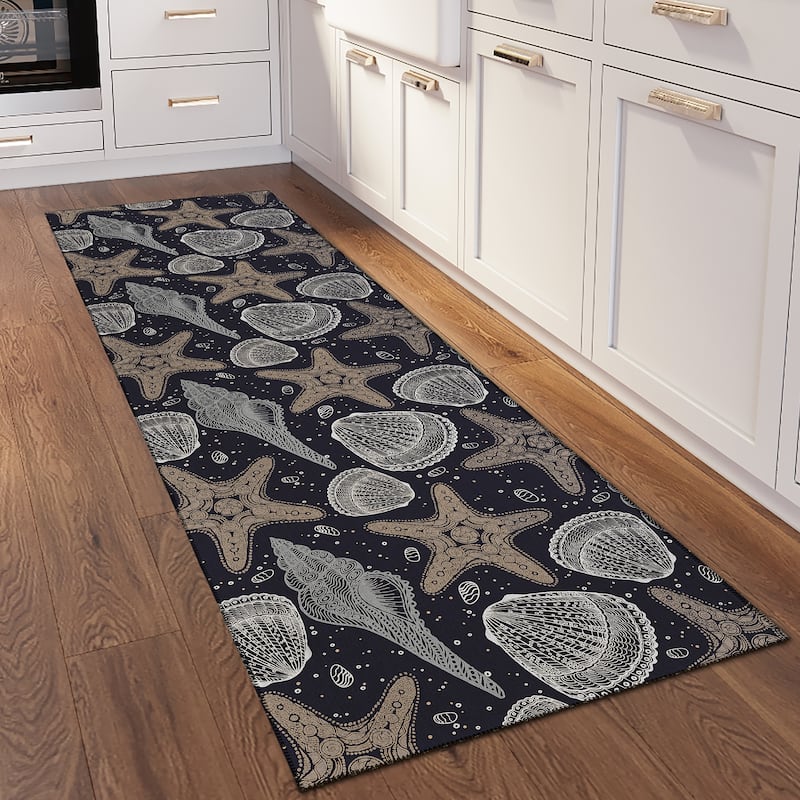 Indoor/ Outdoor Surfside Starfish Shells Washable Rug New