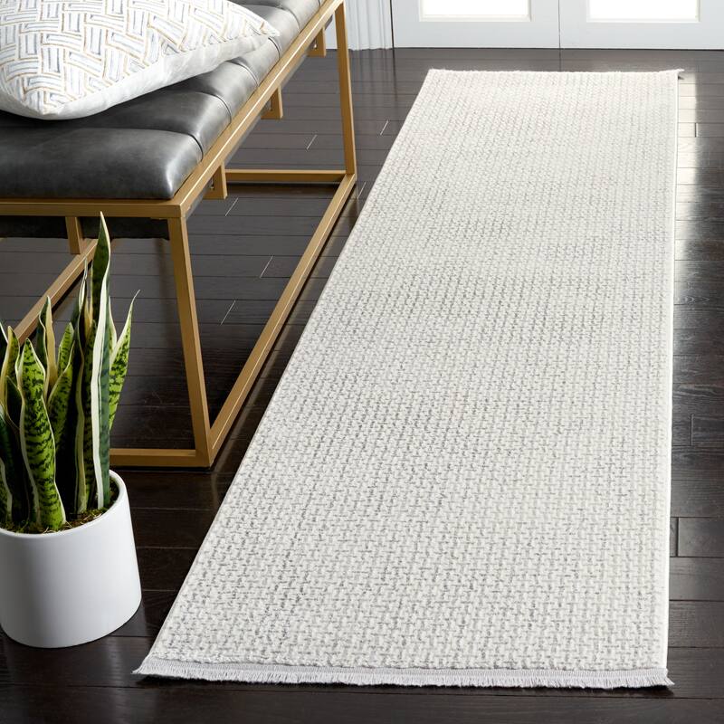 SAFAVIEH Whisper Jiang Contemporary Fringe Rug - 2'2" x 8' Runner - Light Grey/Ivory