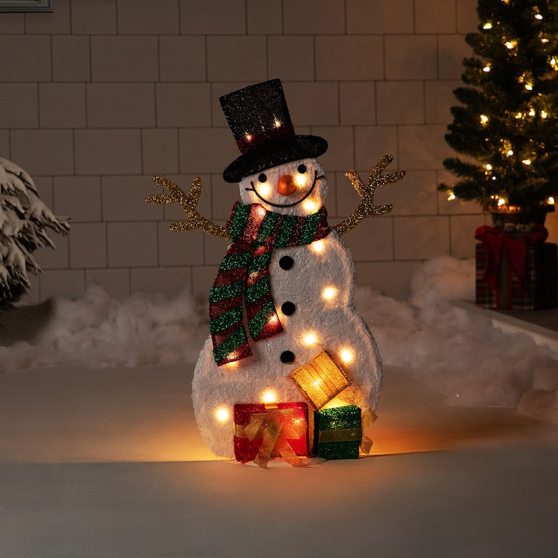 Lighted Smiling Snowman with Gifts Outdoor Christmas Decoration - 31" - Clear Lights - White