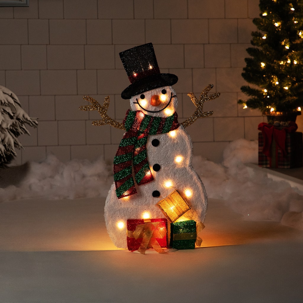 Lighted Smiling Snowman with Gifts Outdoor Christmas Decoration - 31" - Clear Lights - White