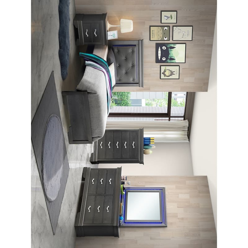 Jewel Tufted Upholstered Twin Panel Bed with LED Lights - 80" - Black