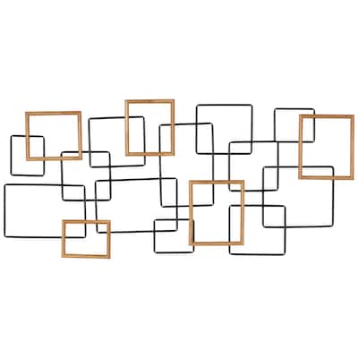 Metal Geometric Overlapping Wire Square Wall Decor with Gold Accents - Black - Roche River Decor