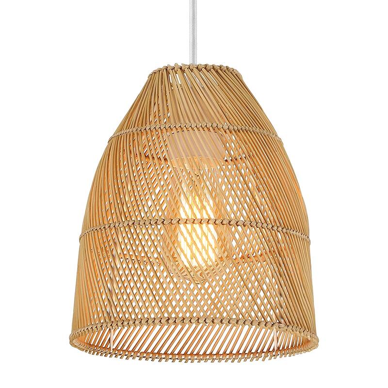 True Fine Eclectic Natural Rattan Bell Island Mini Pendant Light with White Hardware - 8.6 in. W - 8.6 in. W