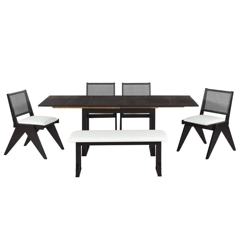 Roomfitters Modern 6-Piece 82.7" Extendable Dining Table Set with Wicker Back Chairs and Bench