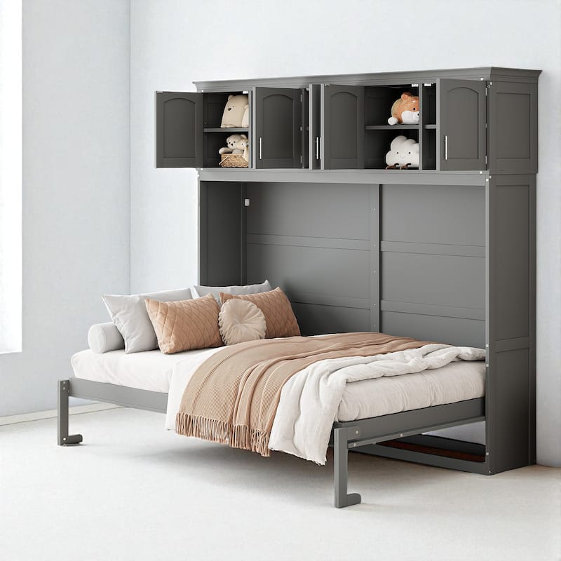Queen Size Murphy Wall Bed with Top Cabinets, Space Saving Cabinet Bed with Storage, No Box Spring Needed