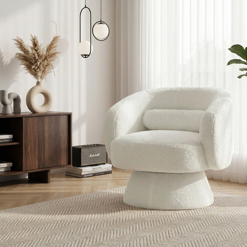 360° Swivel Accent Chair, Round Barrel Upholstered Armchair with Lumbar Cushion - Cream