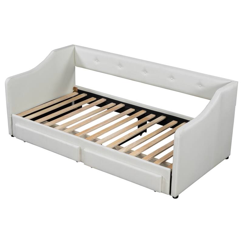 Pull-out Daybed Twin XL to King Size Upholstered Daybed with Trundle and 2 Drawers, Loveseat Sleepper Sofa Bed with Open Back