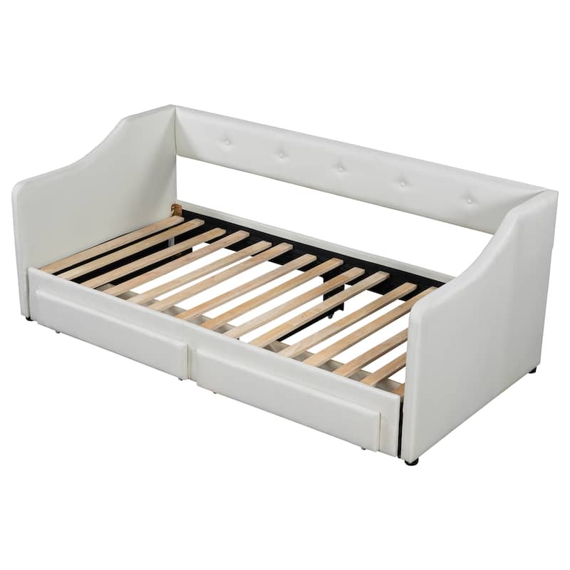 Twin XL to King Size Upholstered Daybed with 2 Drawers for Storage, Gray Fabric Sofa Bed with Comfortable Backrest