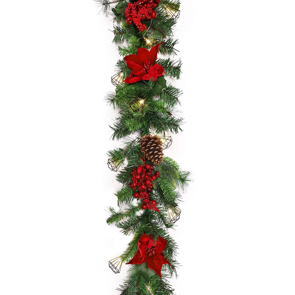 6ft Artificial Mixed Velvet Poinsettia Berry Pine Cone & Pine Christmas Garland with Geometric Crystal String Light Set