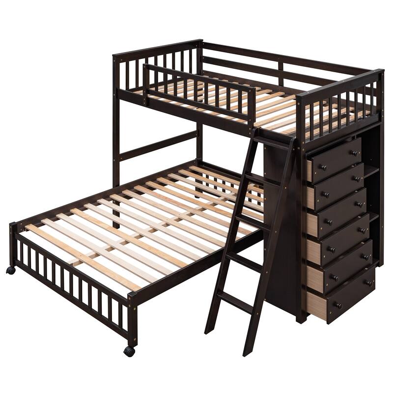Wooden Twin Over Full Bunk Bed With Six Drawers And Flexible Shelves